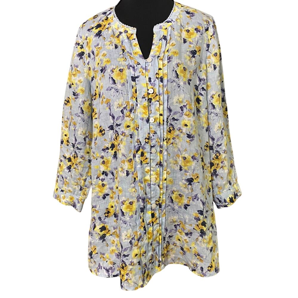 J.Jill Love Linen XS Blue Yellow Floral 100% Linen Pintuck Button Tunic